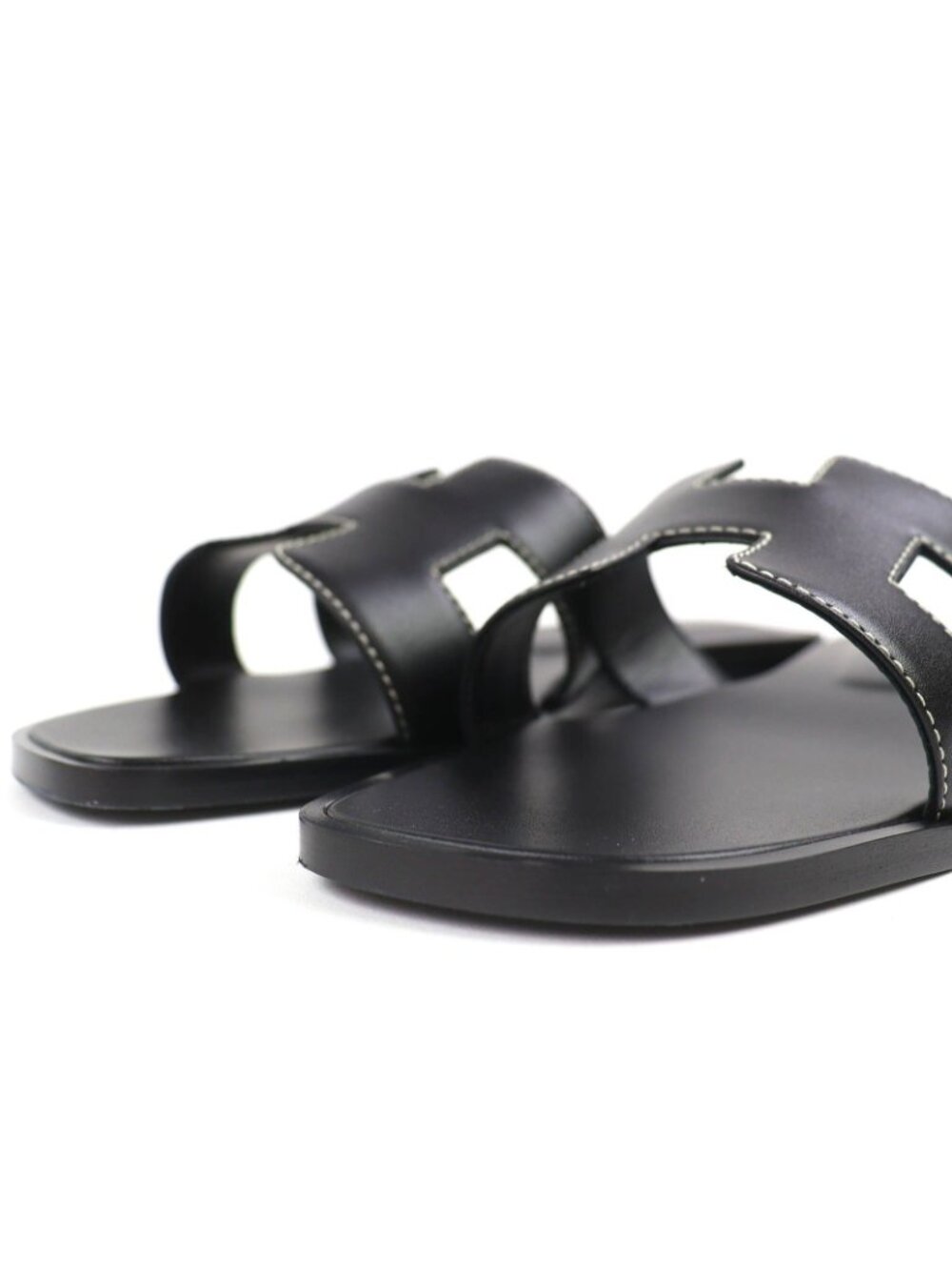 Hermes Oran Box Calf Leather Motif Flat Sandals Mules Black 38.5 Box - Picture 5 of 12